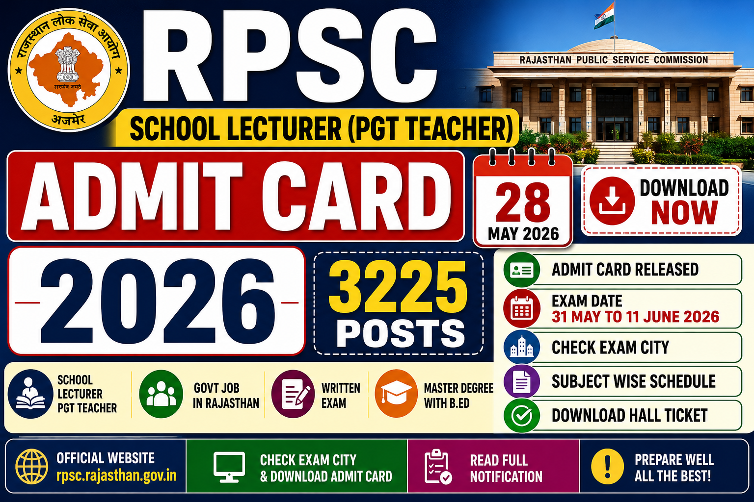 RPSC School Lecturer PGT Teacher Admit Card 2026 Download and Exam Date Details