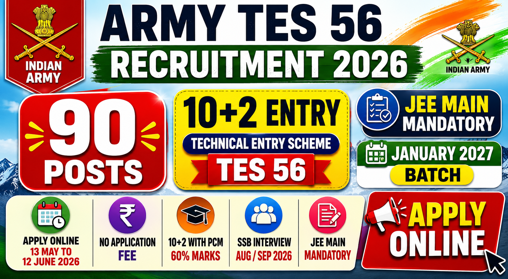 Indian Army TES 56 Recruitment 2026 Apply Online for 90 Posts January 2027 Batch