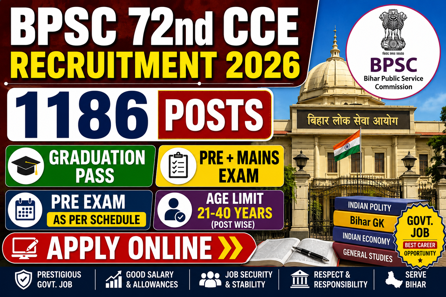 BPSC 72nd Combined Competitive Examination Recruitment 2026 Apply Online for 1186 Posts